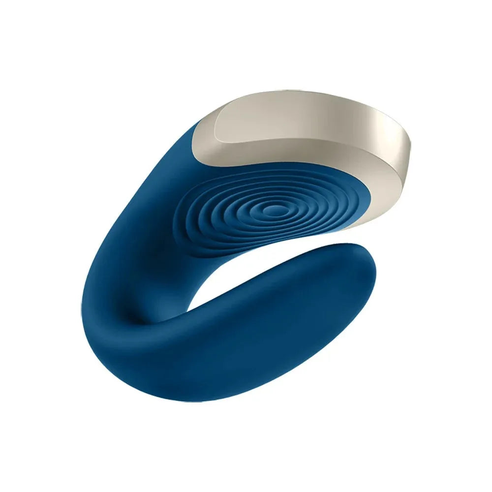 Vibromasseur connecté bleu silicone pour couple, télécommande intégrée, stimulation intense et waterproof.