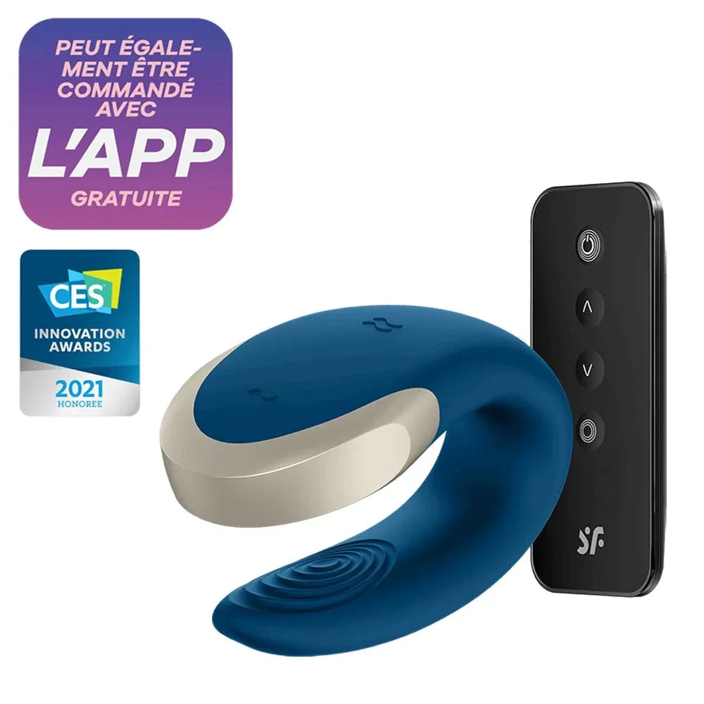 Vibromasseur connecté bleu avec télécommande, silicone hypoallergénique, récompensé aux CES Awards 2021.