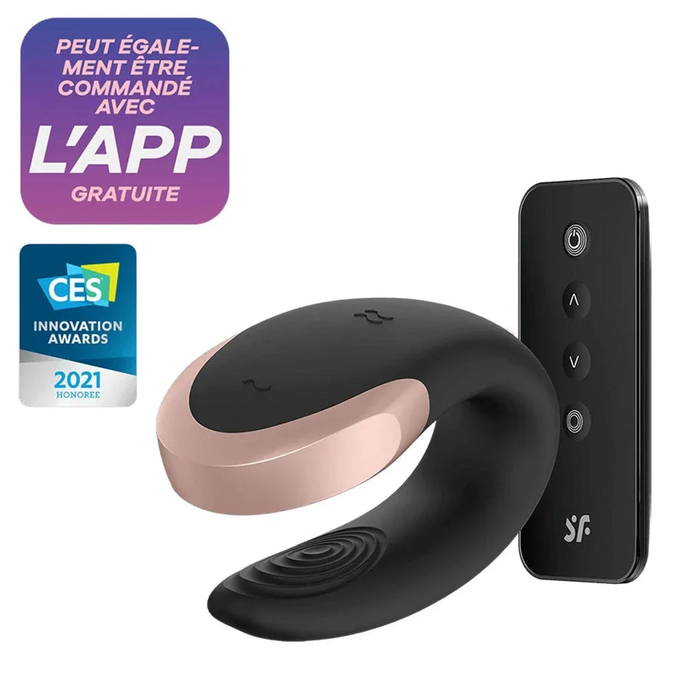 Vibromasseur connecté noir pour couple avec télécommande, design moderne, récompensé CES 2021, compatible app gratuite.