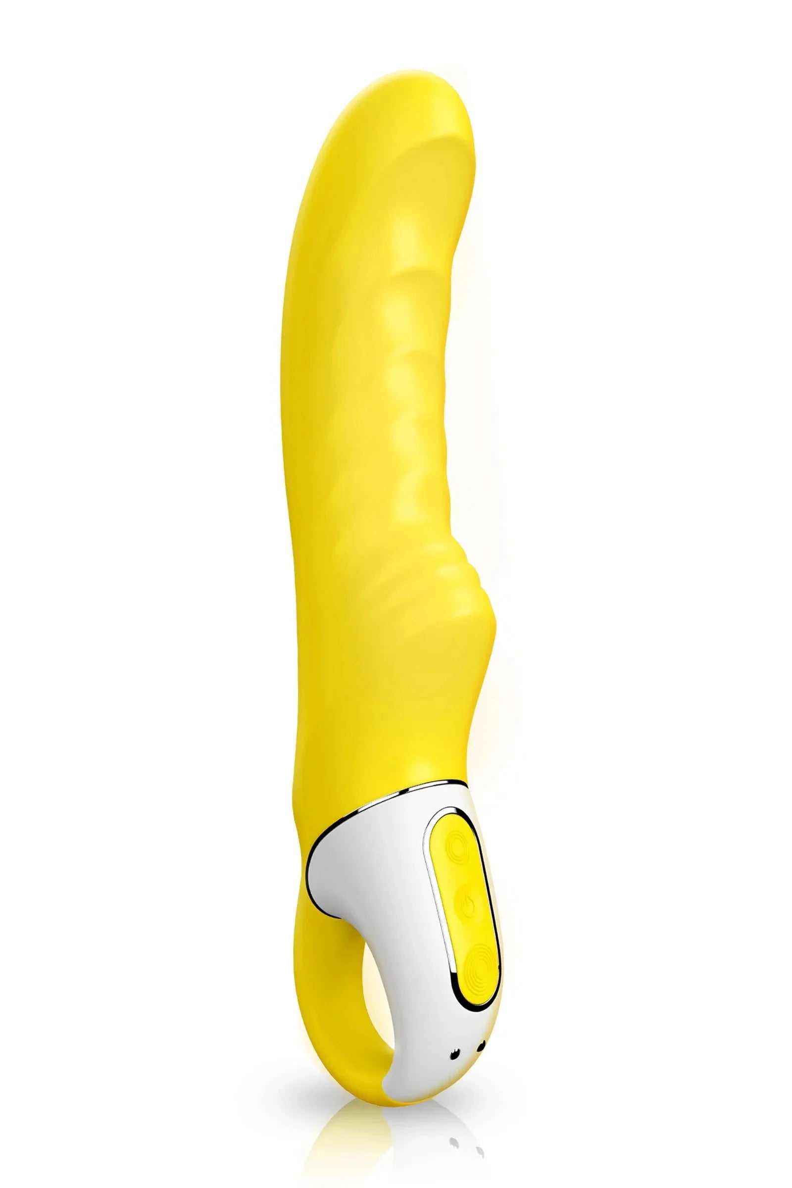 Vibromasseur jaune en silicone waterproof rechargeable, design ergonomique pour plaisir intense.