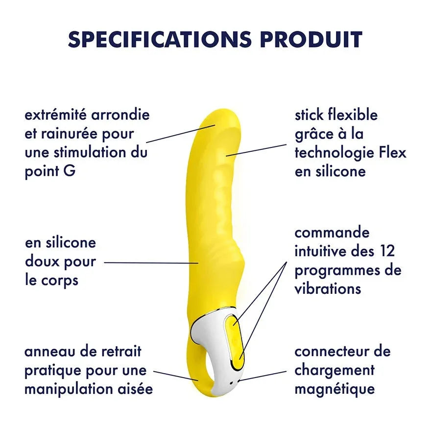 Vibromasseur silicone jaune waterproof avec stimulation point G et 12 modes, USB rechargeable.
