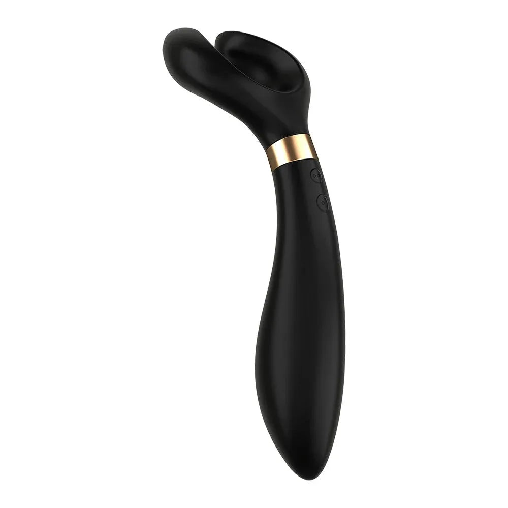 Stimulateur ergonomique noir en silicone avec détails dorés, idéal pour le plaisir intime, design multi-usage.