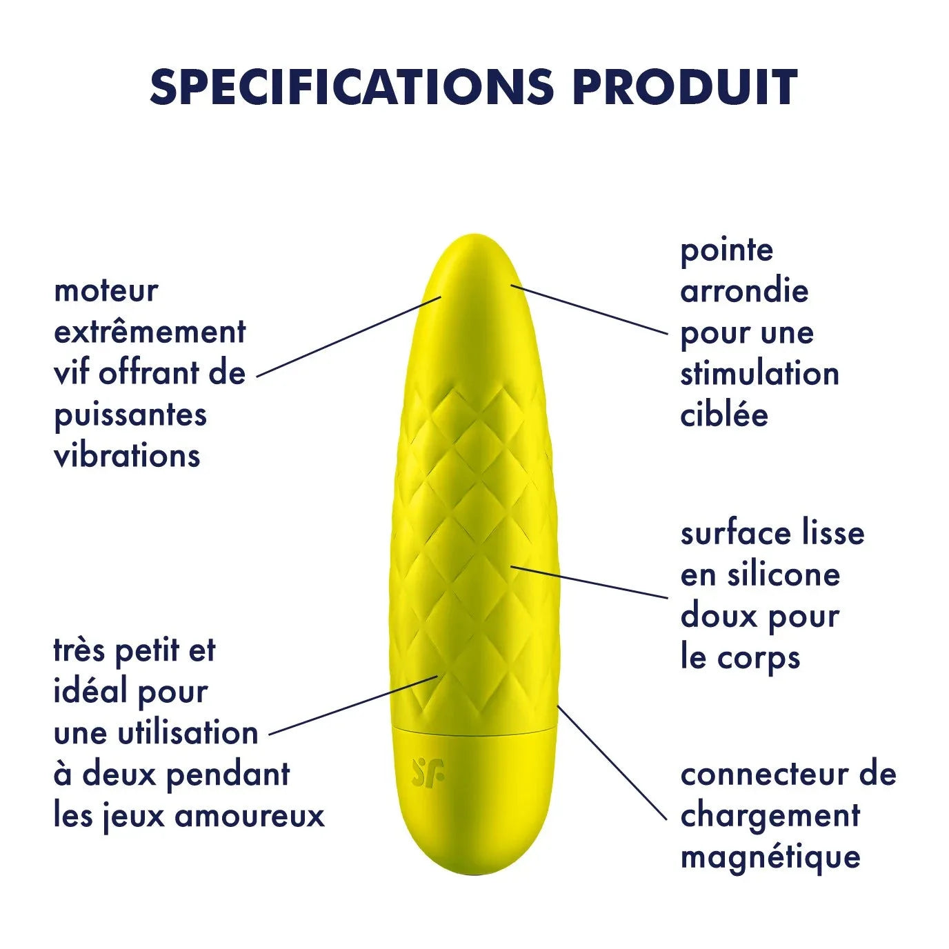 Vibromasseur jaune USB, compact, silicone doux, puissantes vibrations, stimulation ciblée, idéal jeux amoureux.