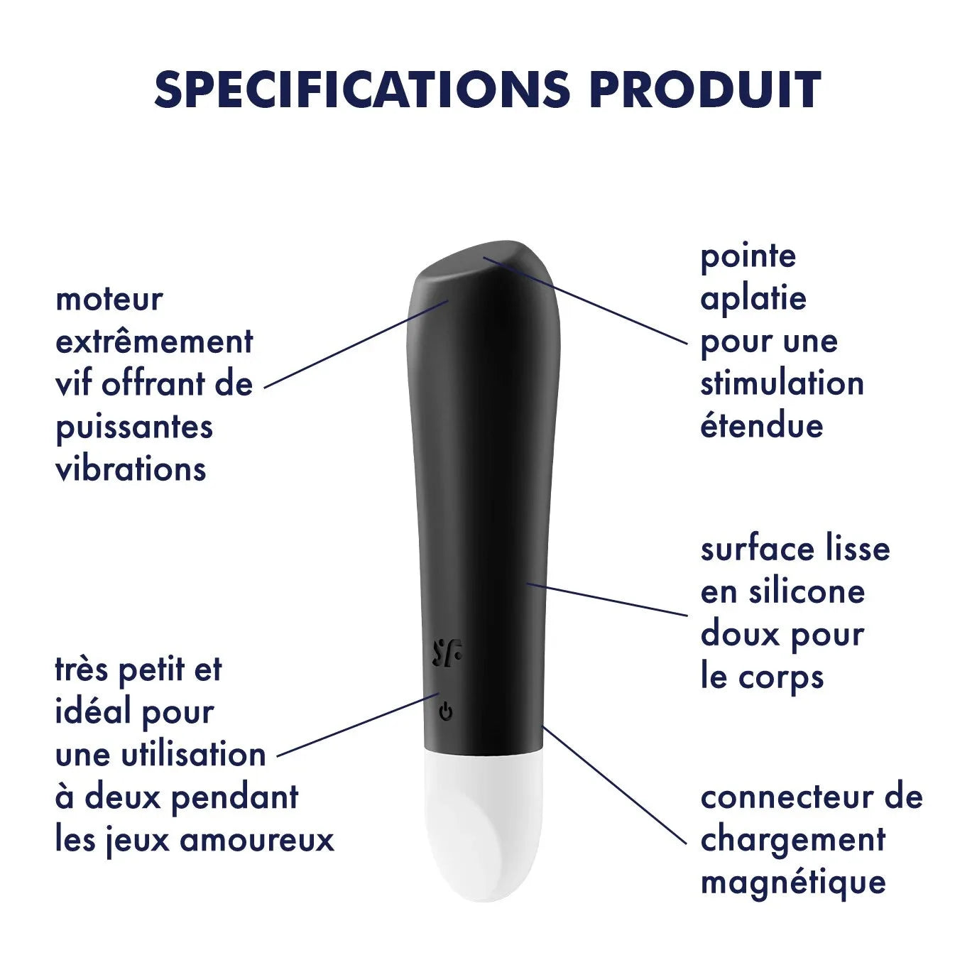 Vibromasseur noir compact en silicone, puissant moteur vibrant, idéal pour jeux intimes, rechargeable via USB magnétique.