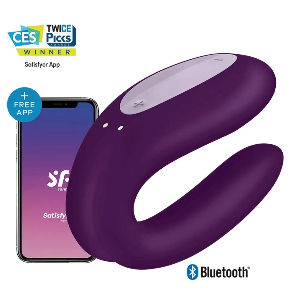Vibromasseur pour couple violet avec contrôle via appli, en silicone doux, connecté Bluetooth pour une expérience intime innovante.
