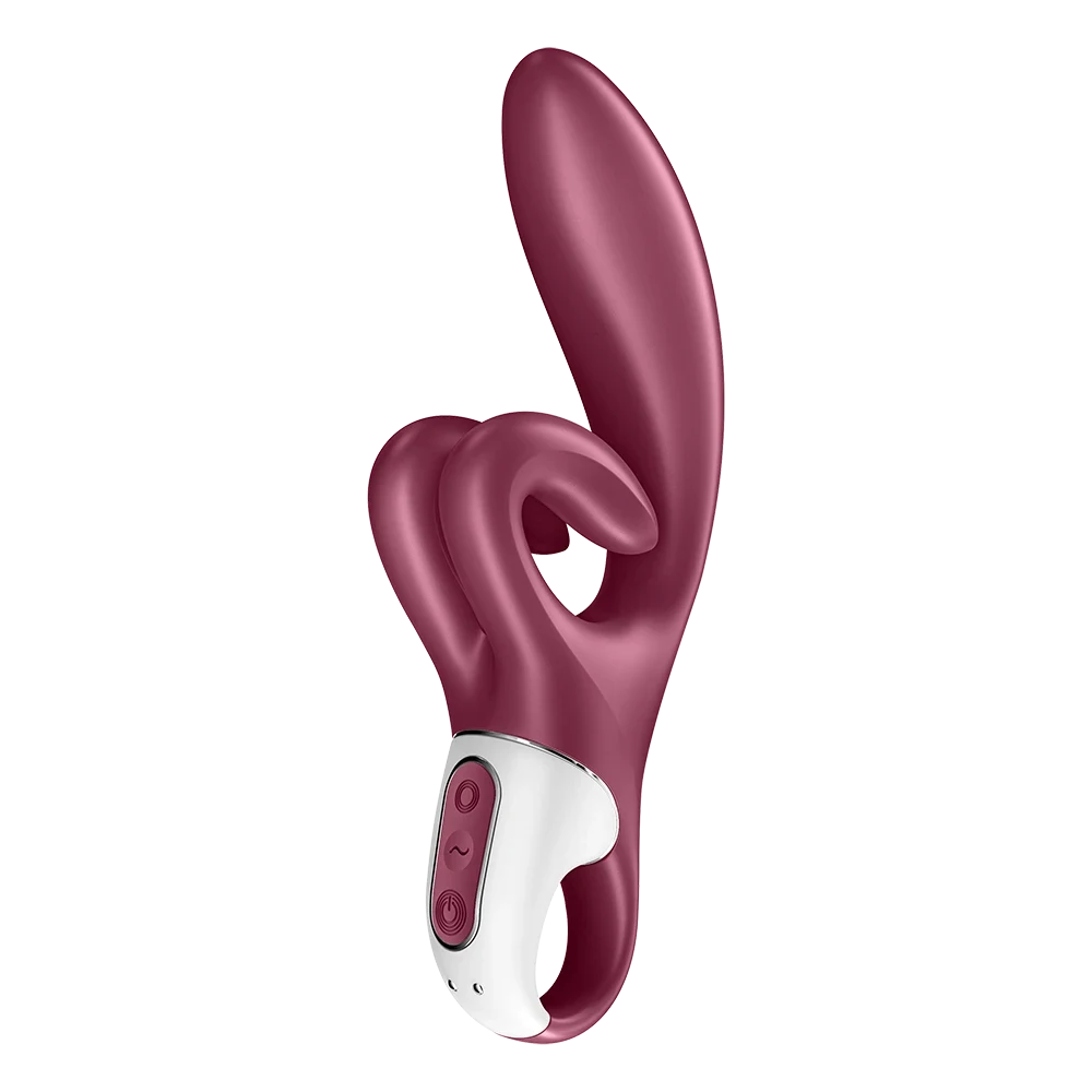 Vibromasseur rabbit rouge en silicone pour double stimulation, produit intime innovant et ergonomique.