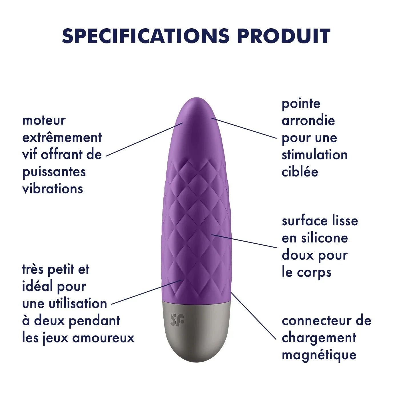 Vibromasseur violet compact en silicone texturé avec vibrations puissantes et recharge USB magnétique pour plaisir ciblé.